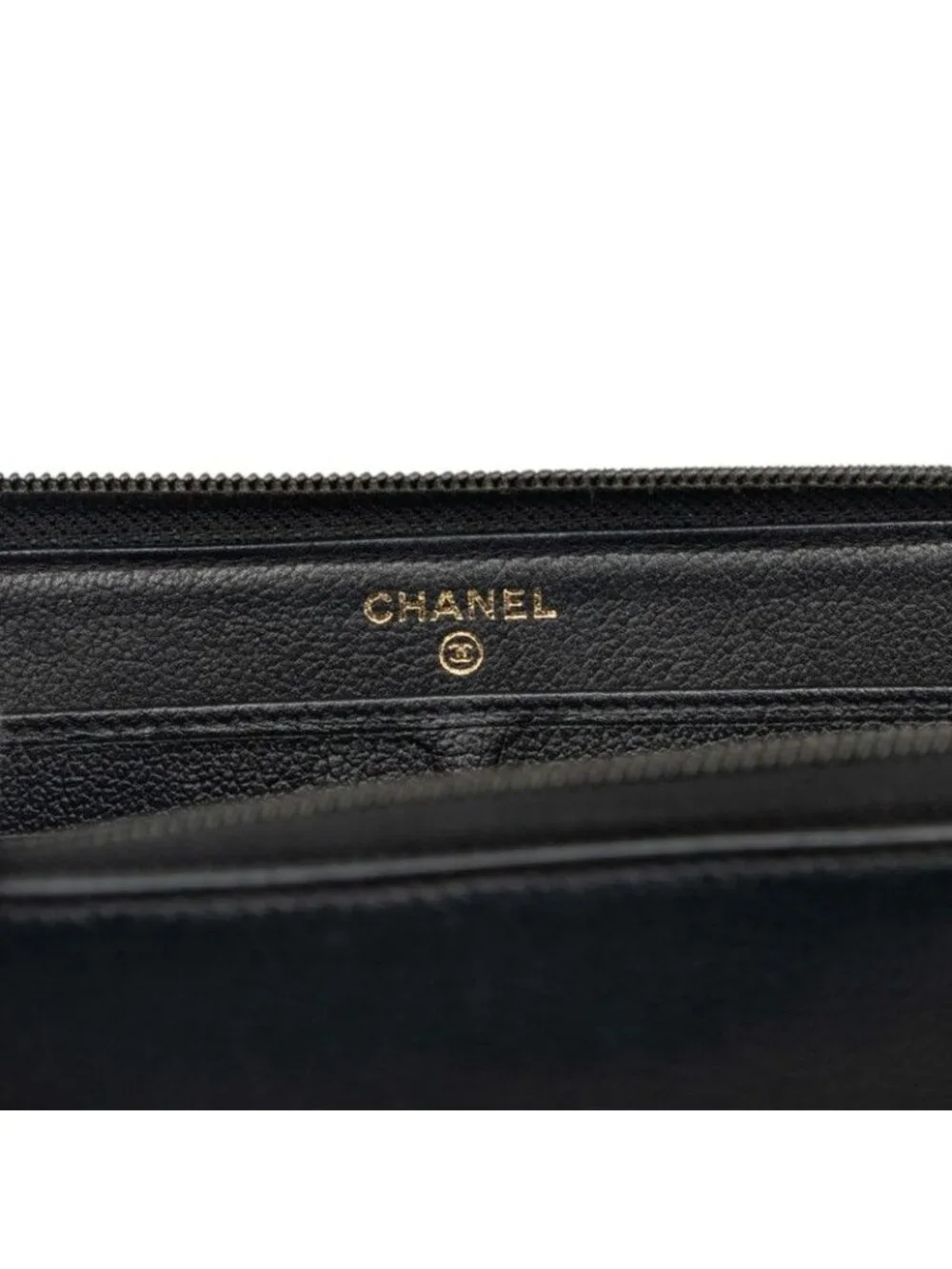 Chanel Camellia CC Logo Zip Around Wallet Black Gold Leather
